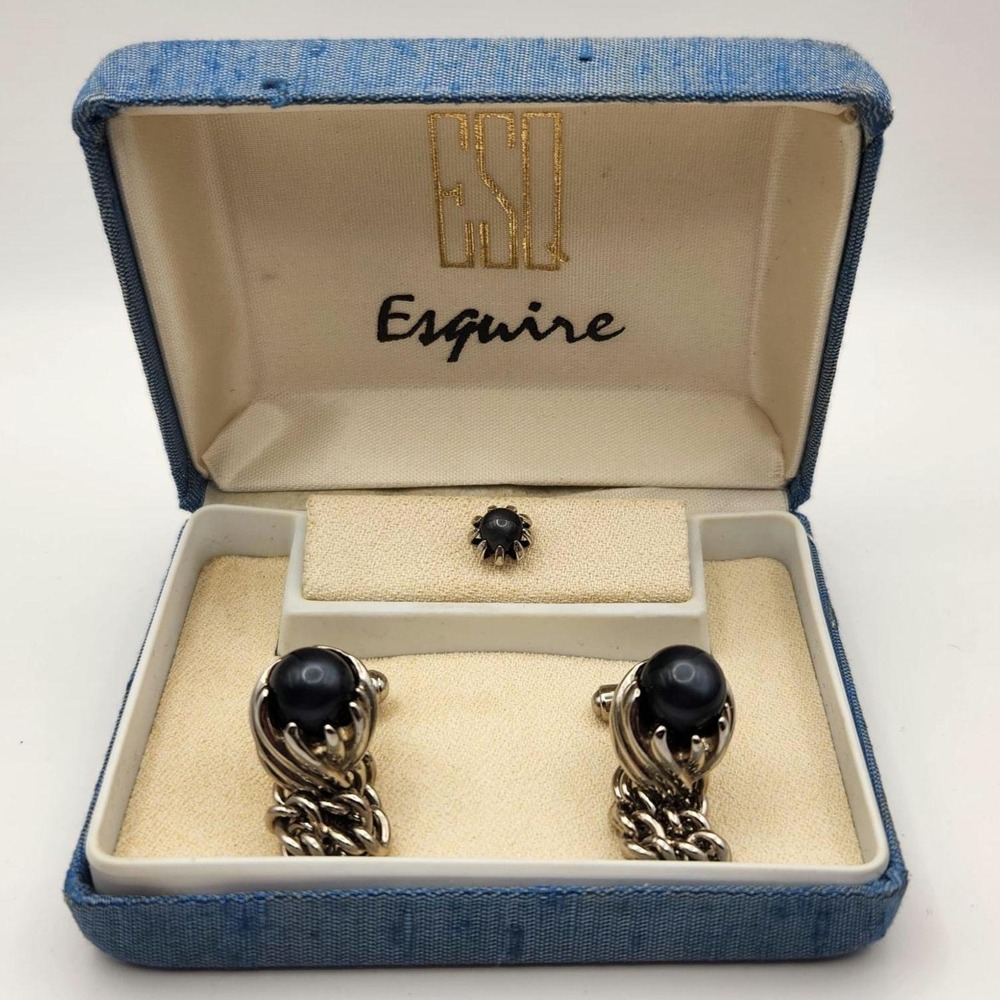 Vintage Esquire Cufflinks Tie Tack Set: Blue Moonglow Lucite, Silver-Tone, IOB